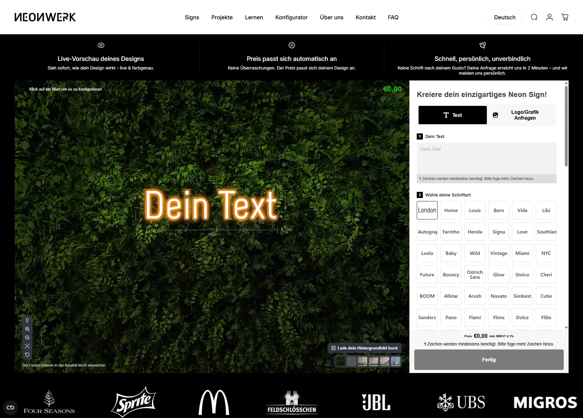 Neonwerk-Konfigurator: eigener Text als Neon-Sign mit Live-Vorschau und Preis
